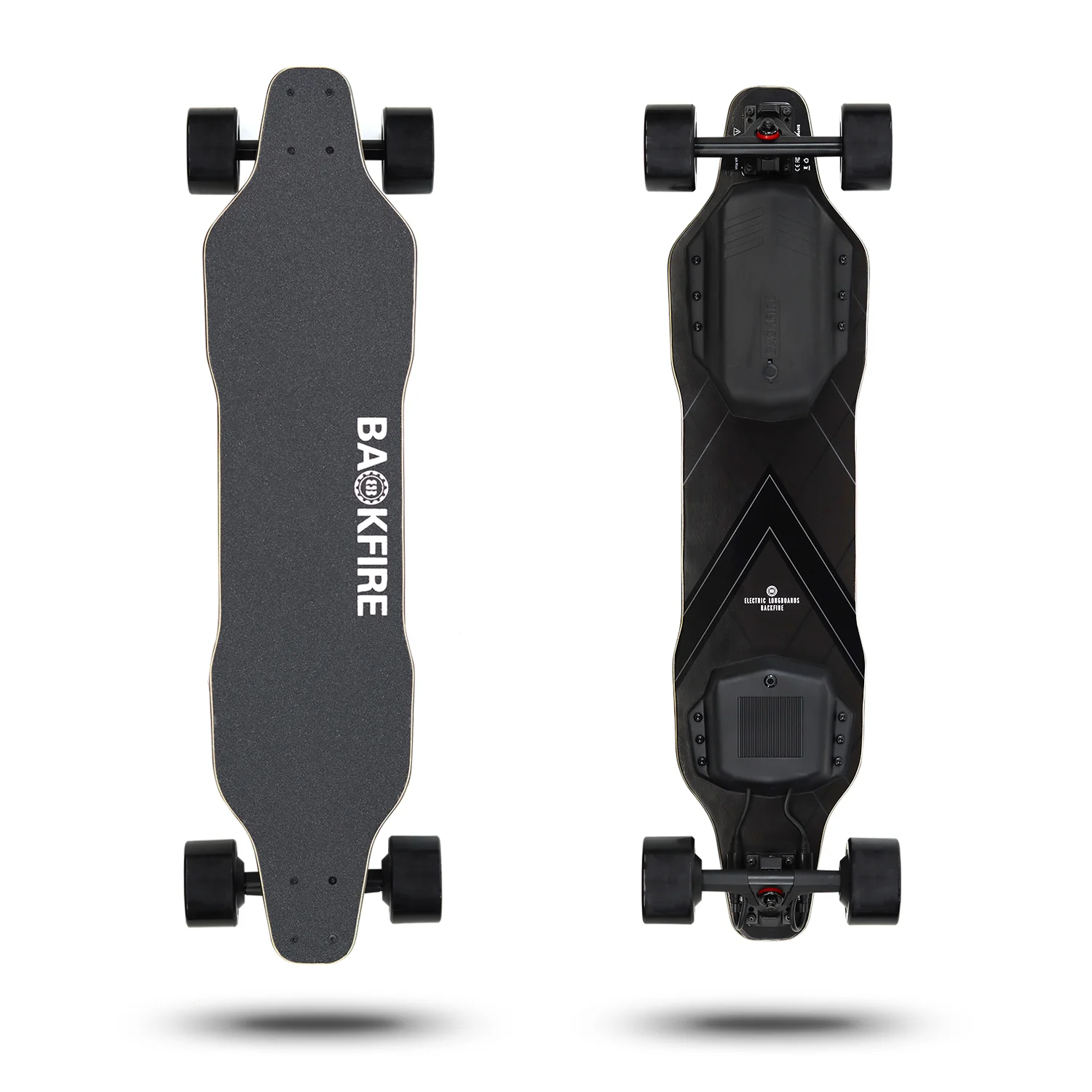 A picture of the back and front of a skateboard.