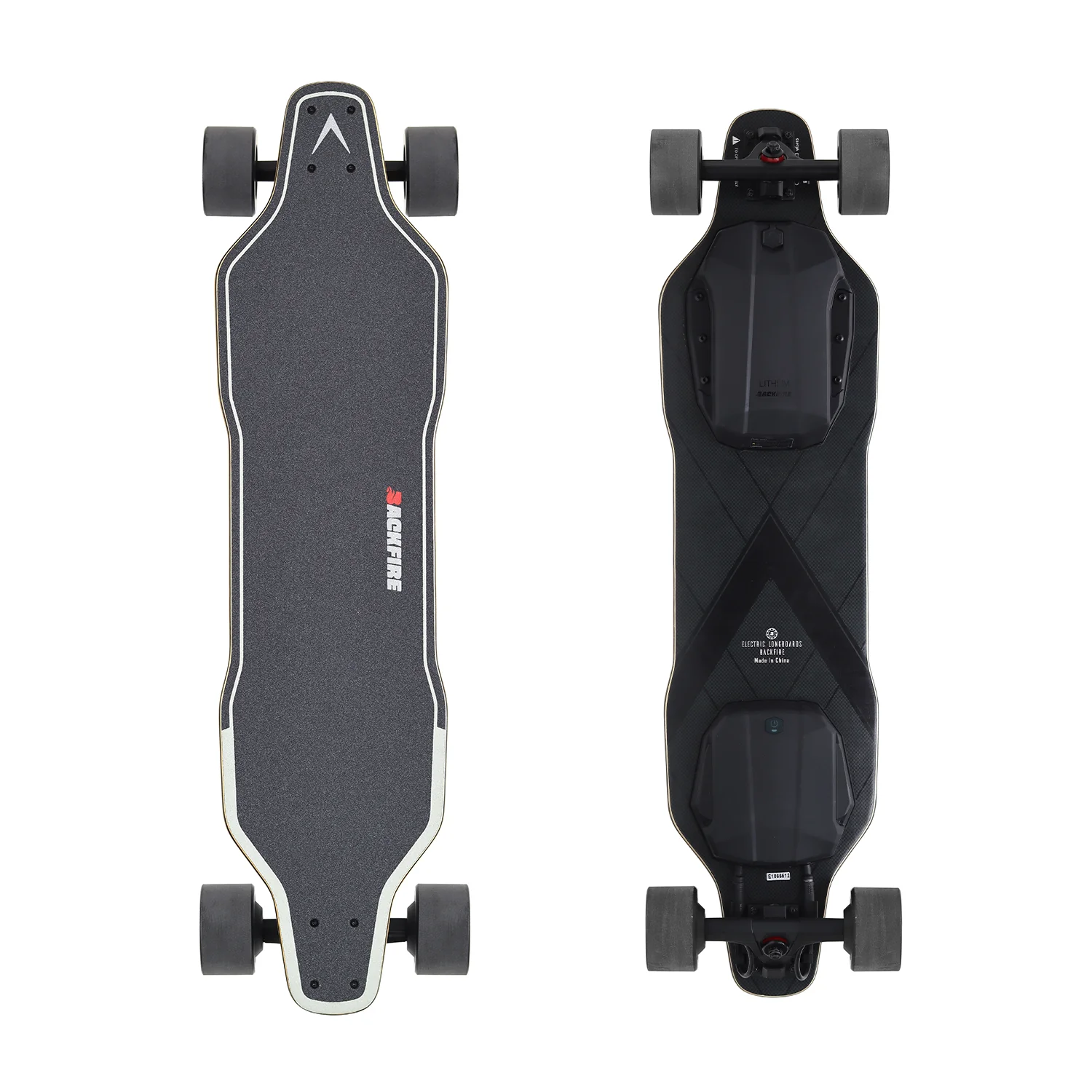 A top view of the back and front of an electric skateboard.