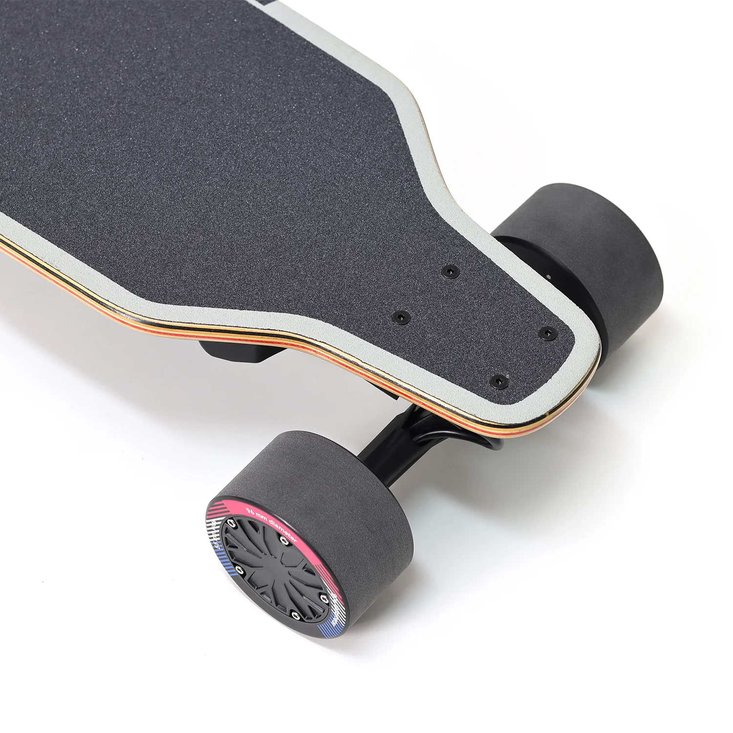 A close up of the bottom part of a skateboard.